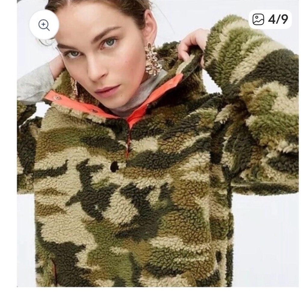 J. Crew Sherpa Camo Jacket S Fleece Snap Collar Pullover fall Cabincore